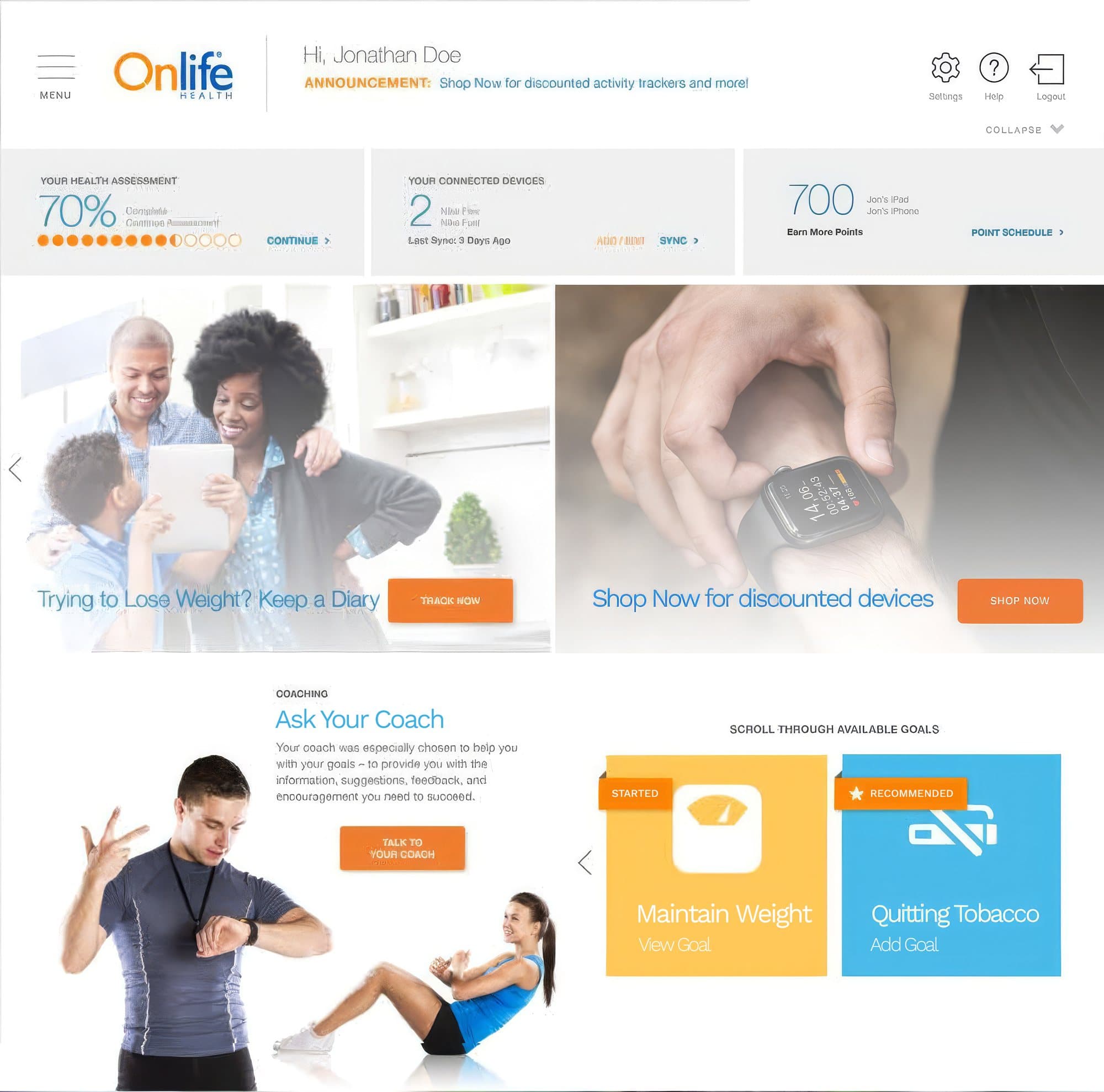 The final dashboard: status bar, photo tiles, coaching and courses