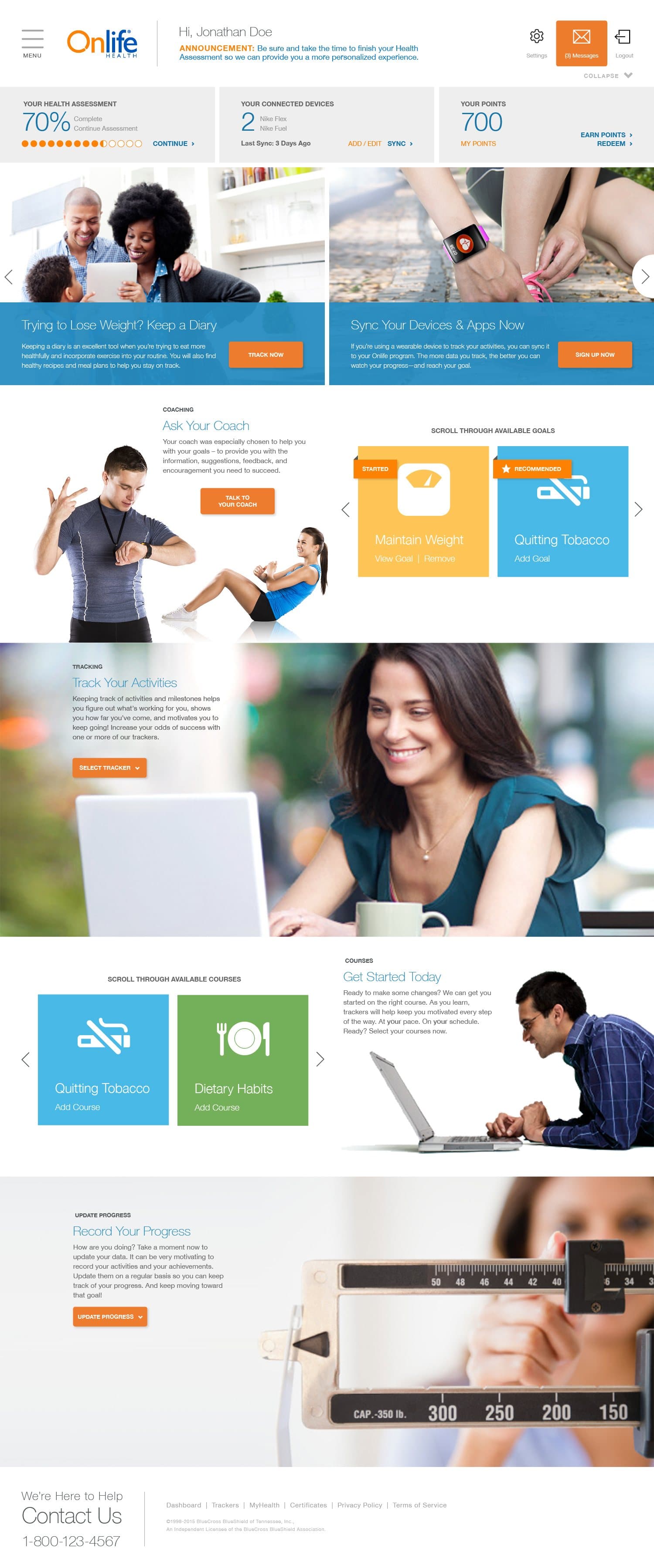 The redesigned Onlife dashboard with a status bar, photo tiles, coaching, trackers and courses