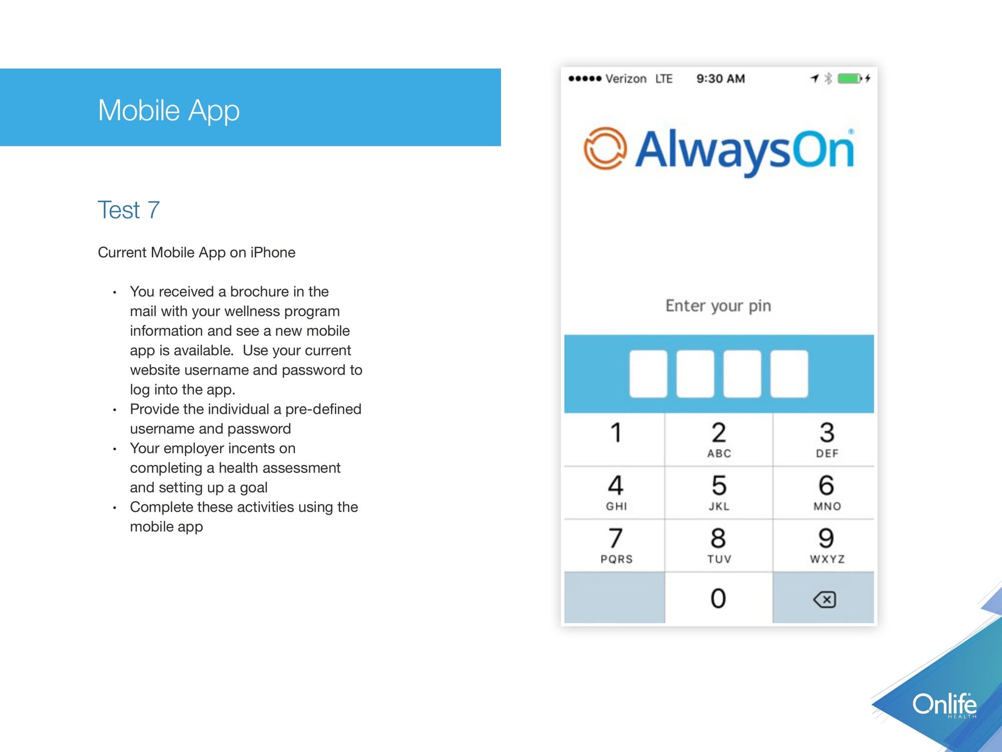 Report page describing a mobile app test scenario beside the app's PIN login screen