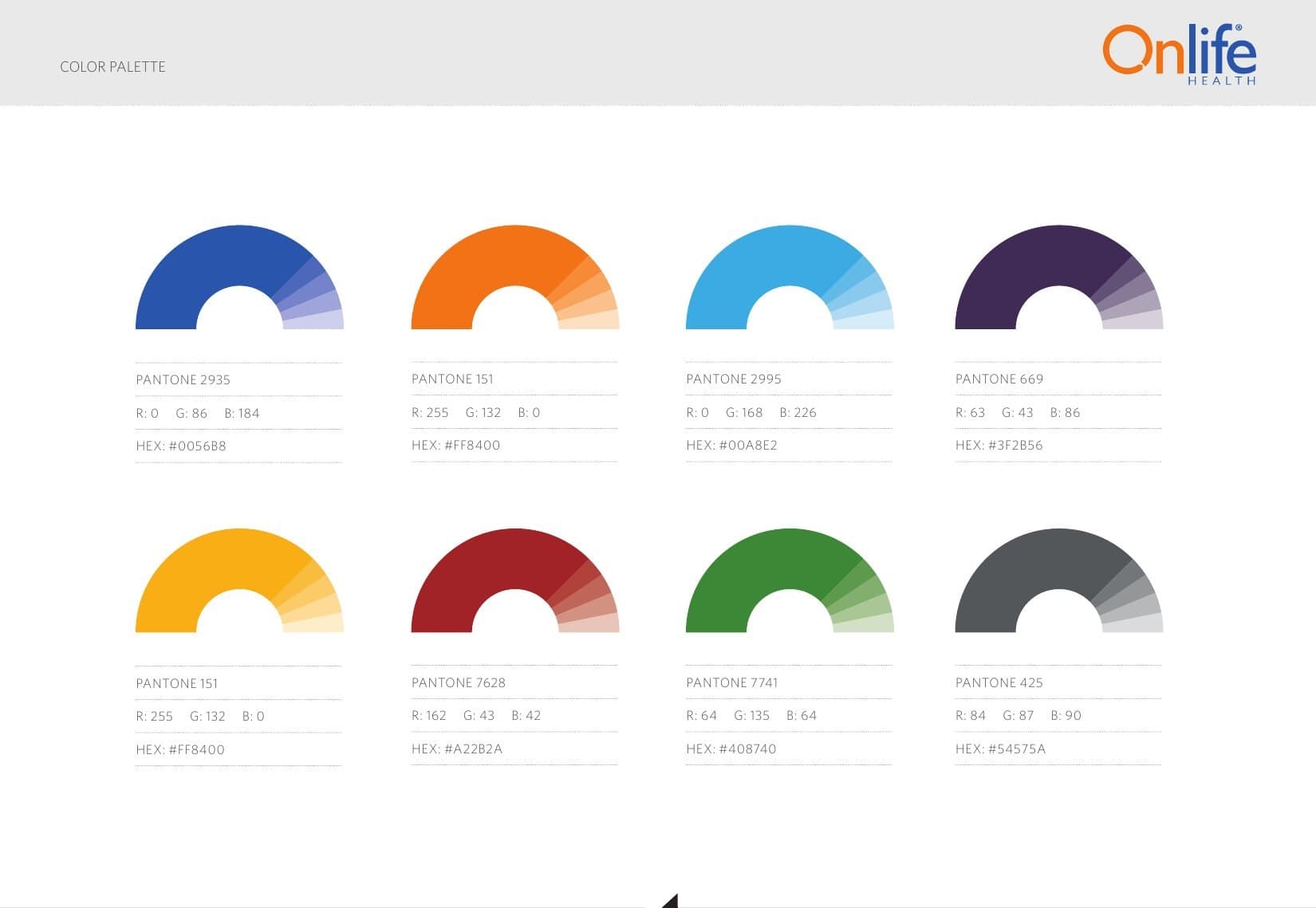 Color palette: eight colors with Pantone, RGB and hex values