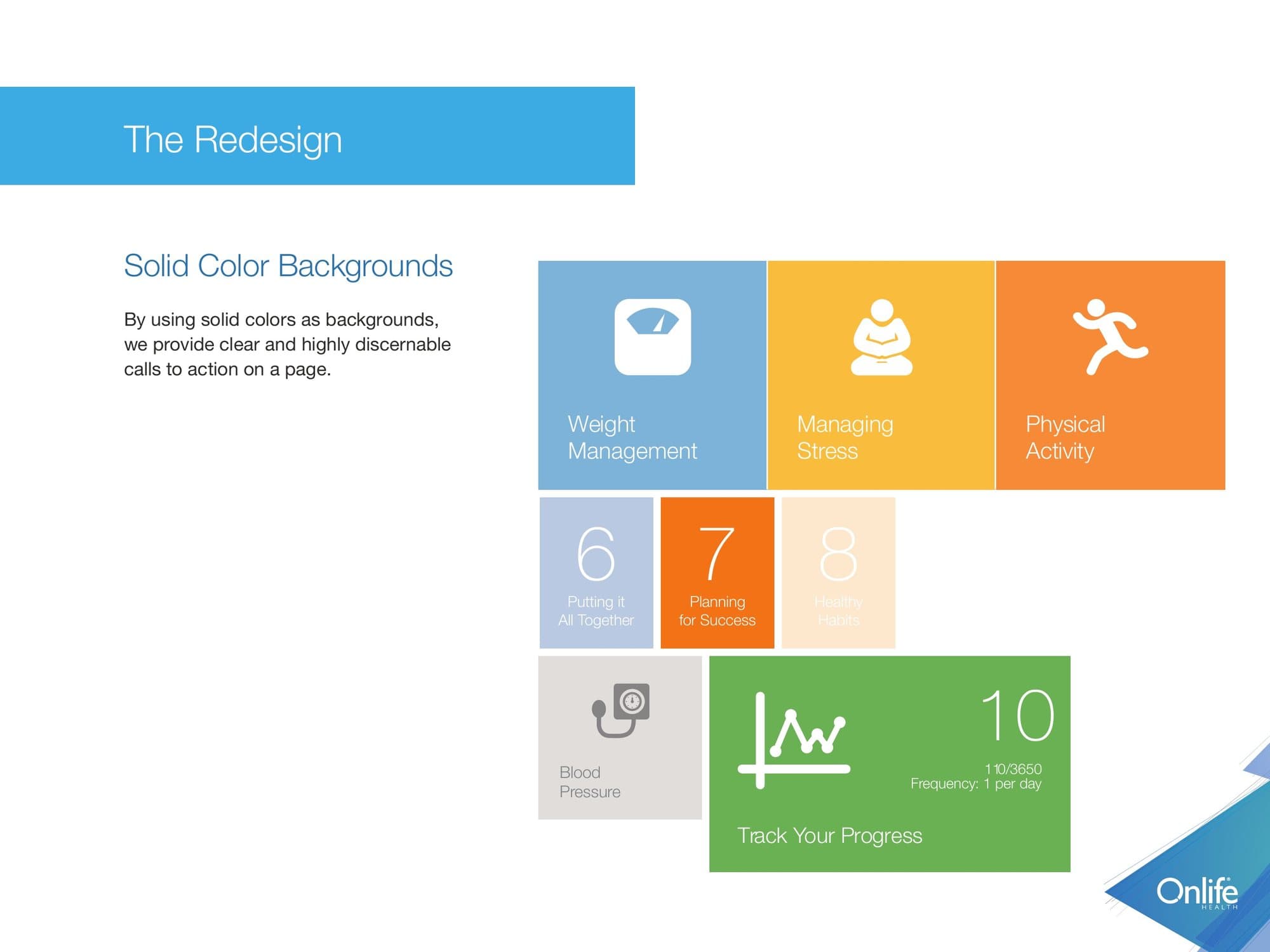 Report page showing solid color tiles for weight management, managing stress and physical activity