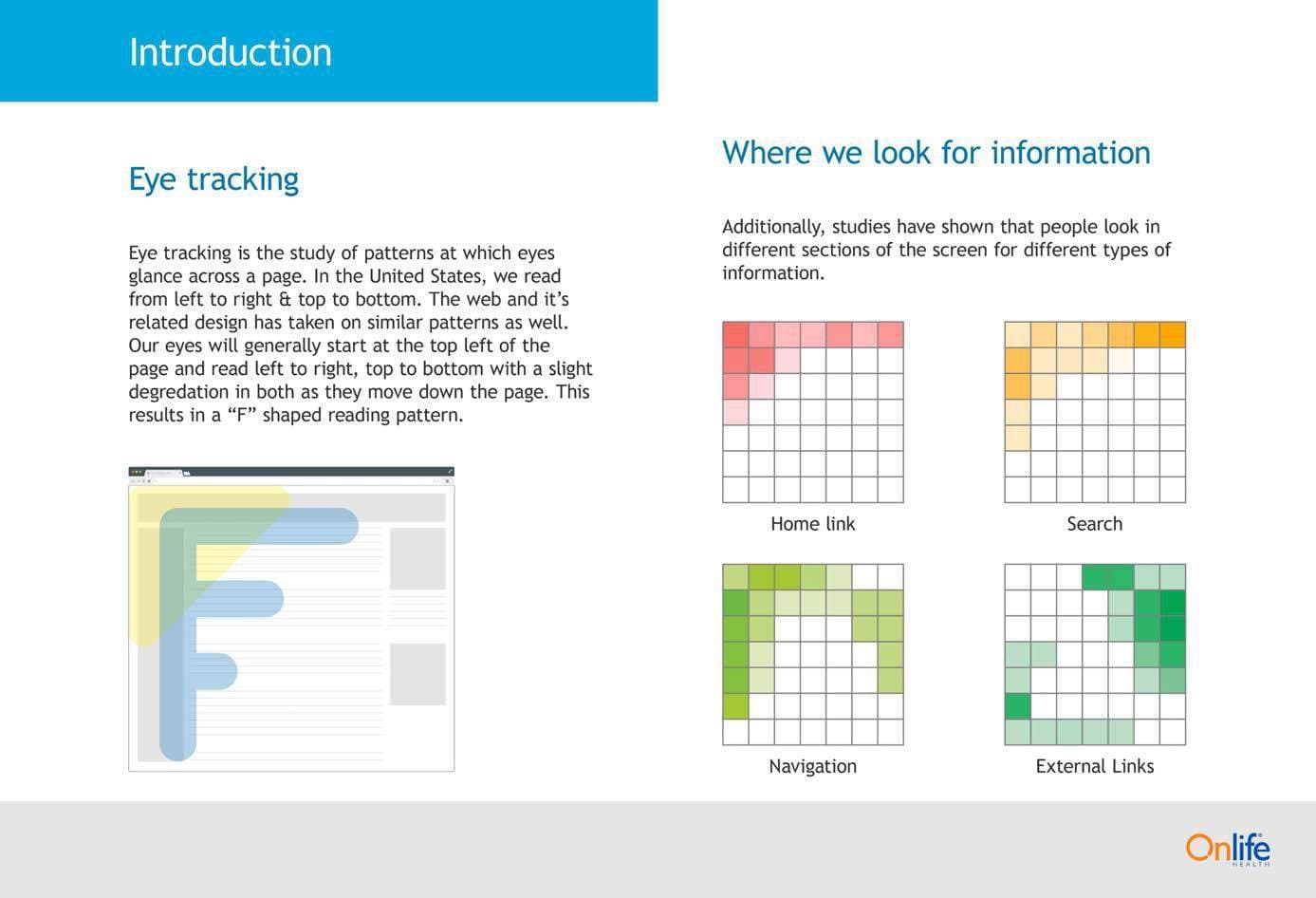 Research report page on eye tracking with heat maps for home link, search, navigation and external links