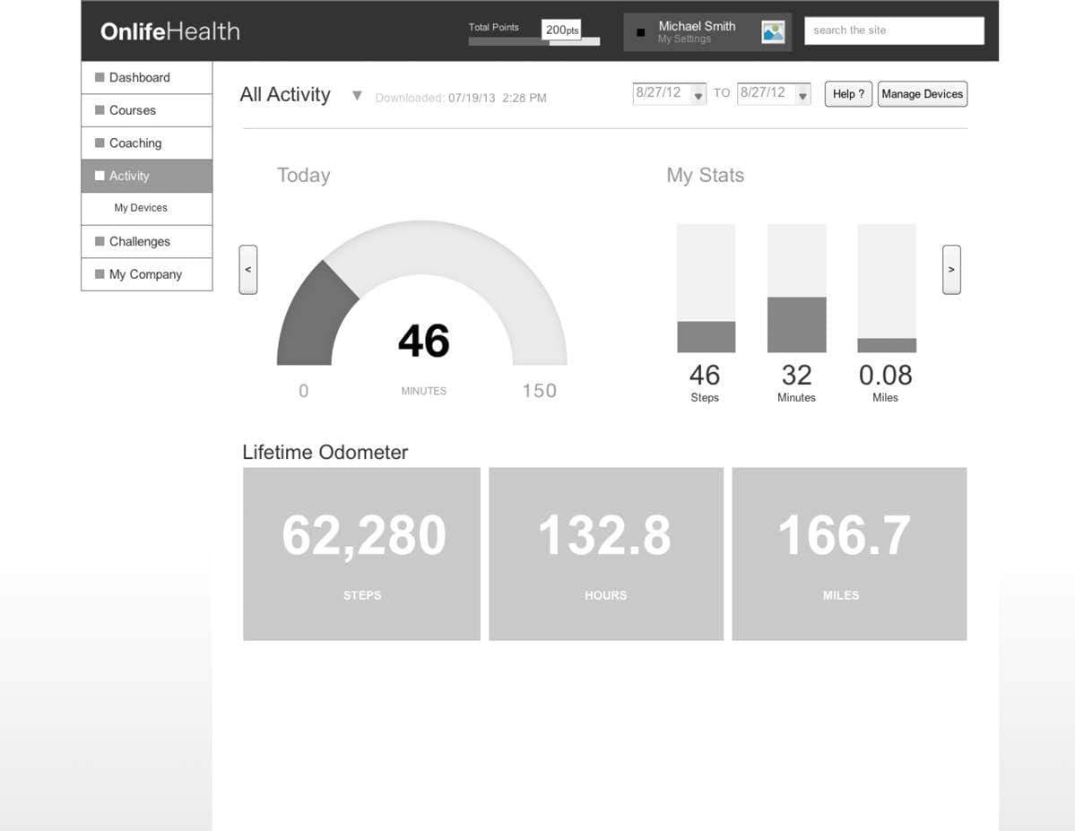 Wireframe of the activity screen with a gauge and lifetime odometer