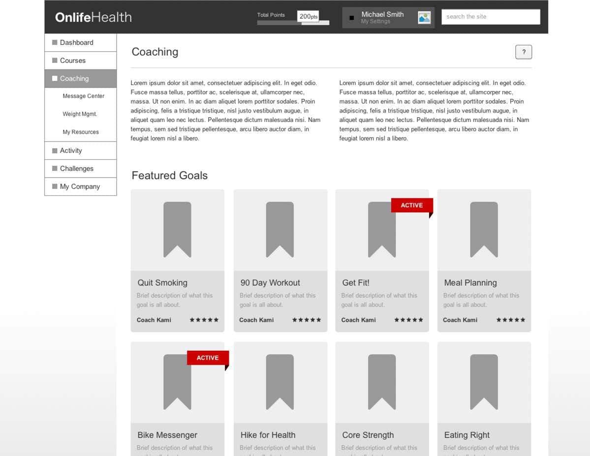 Wireframe of the coaching screen with featured goals