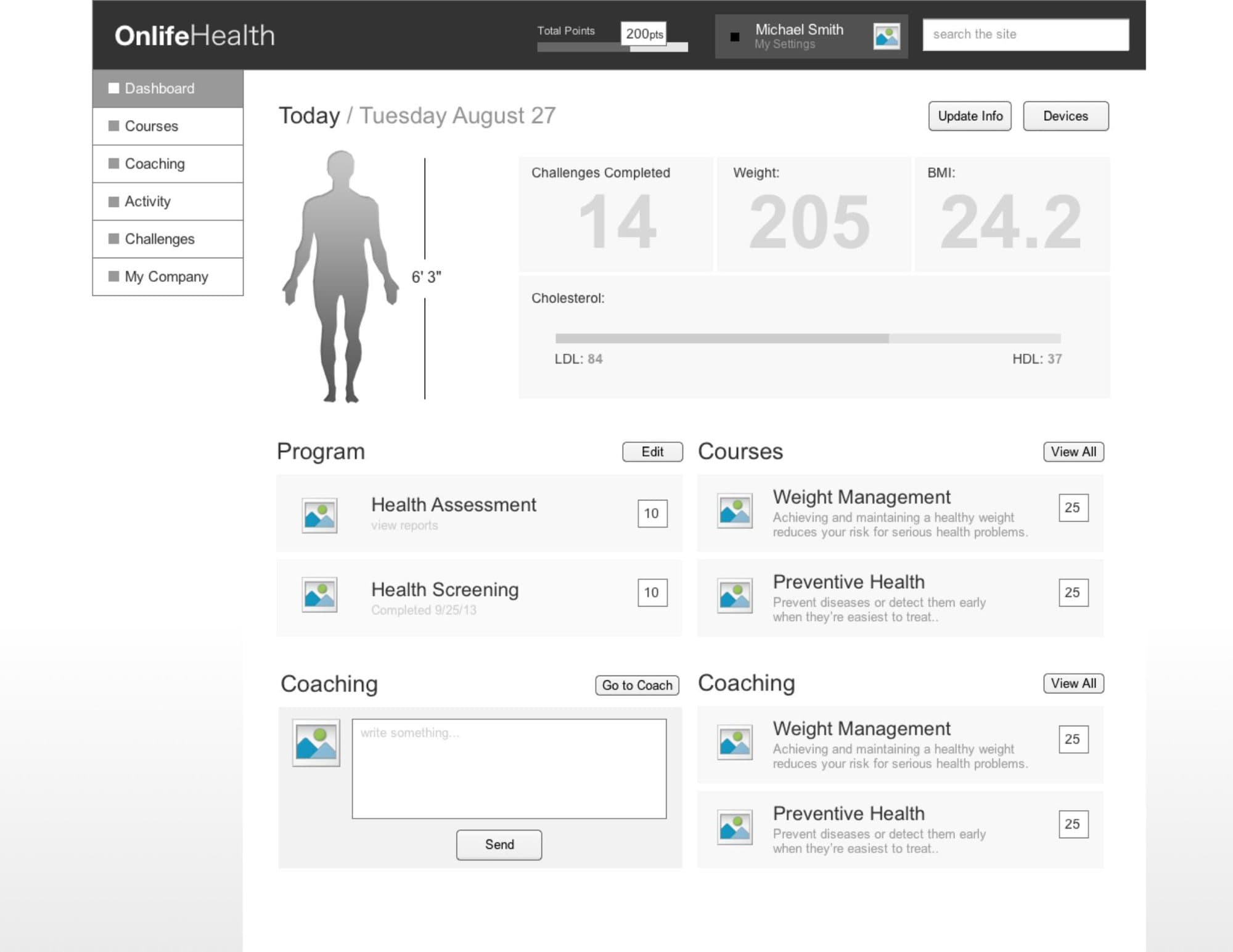 Wireframe of the dashboard with a body outline, health numbers, programs and coaching