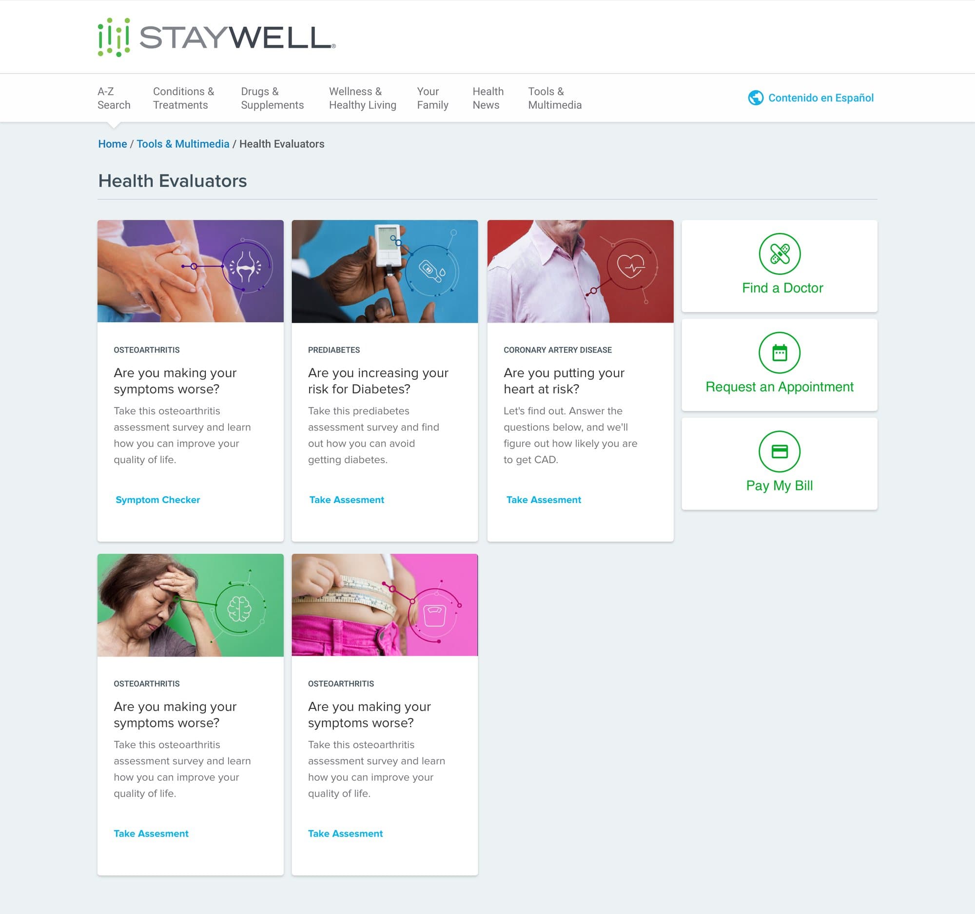 Health evaluators page with cards that each ask a question, such as whether you are increasing your risk for diabetes