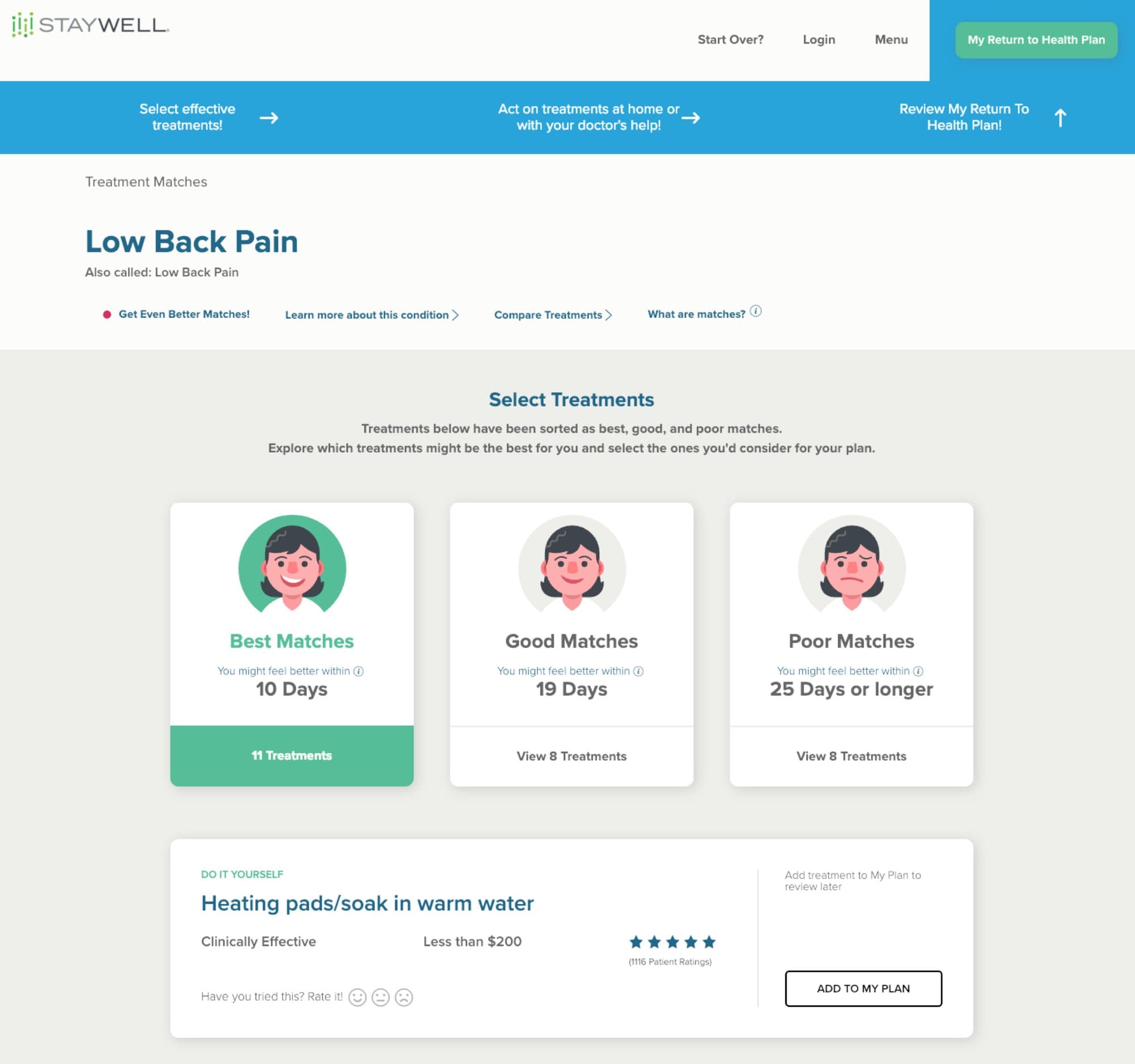 Return to Health screen for low back pain sorting treatments into best, good and poor matches