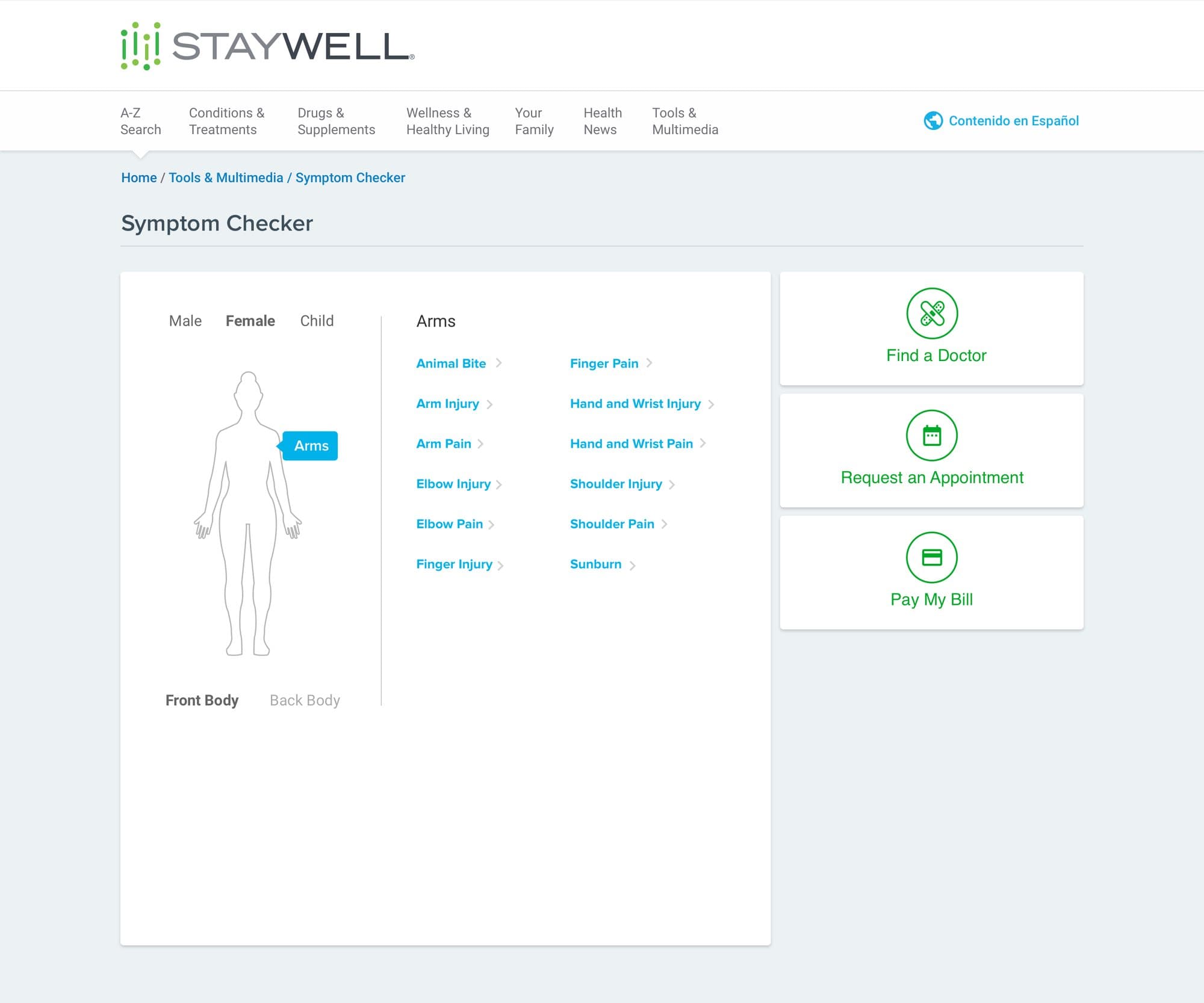 Symptom checker with a body outline, the arms selected and a list of arm conditions