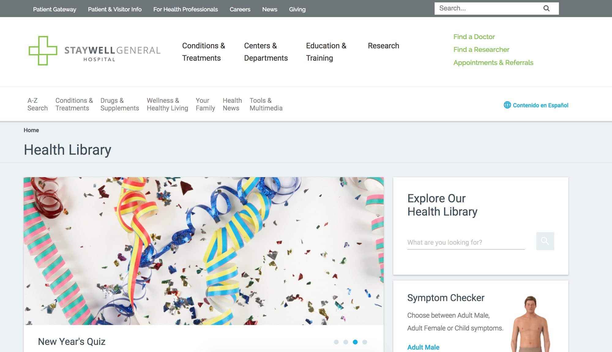 The health library home page as tested, with a large header and a carousel