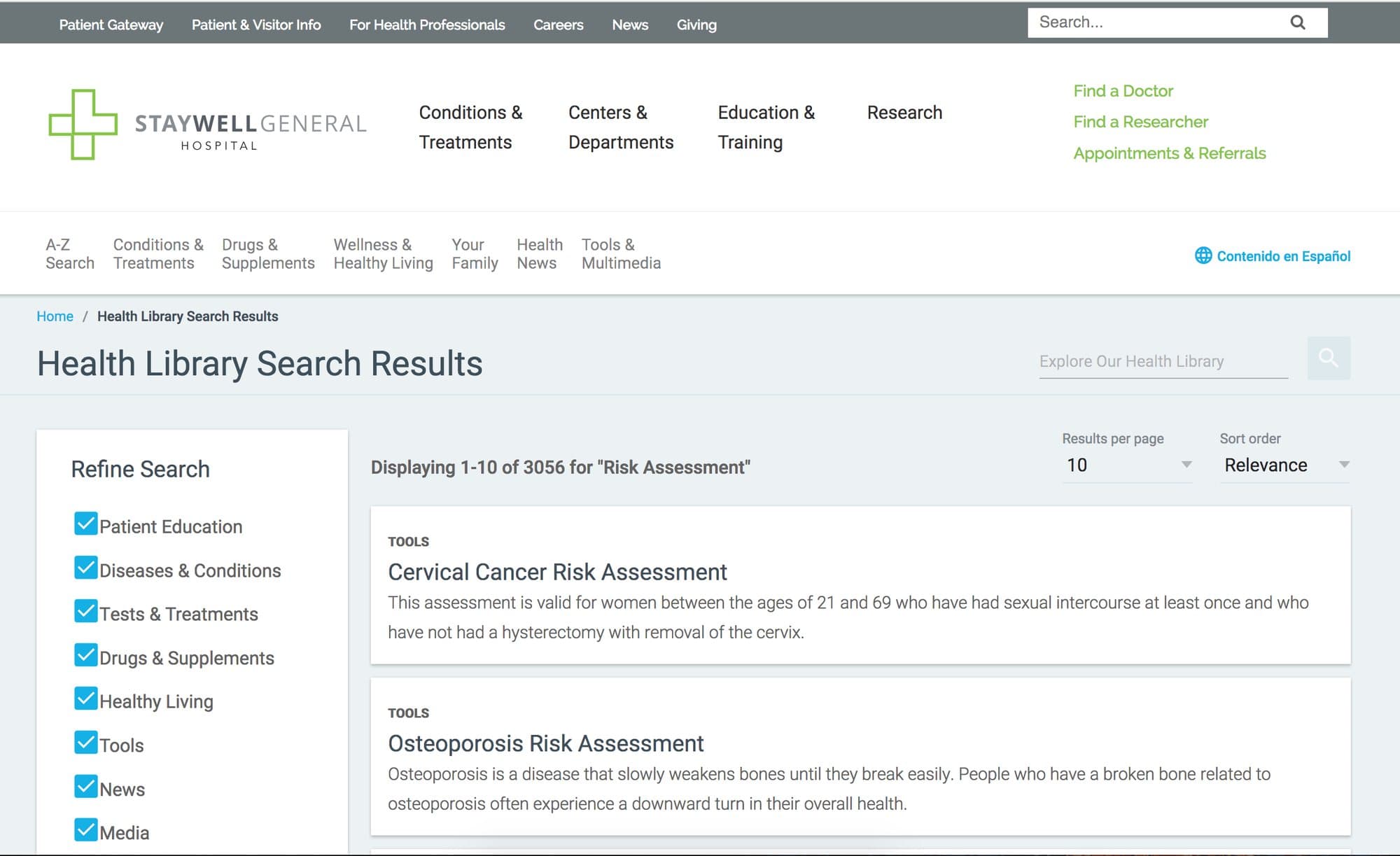 The health library search results page as tested, with filters down the left