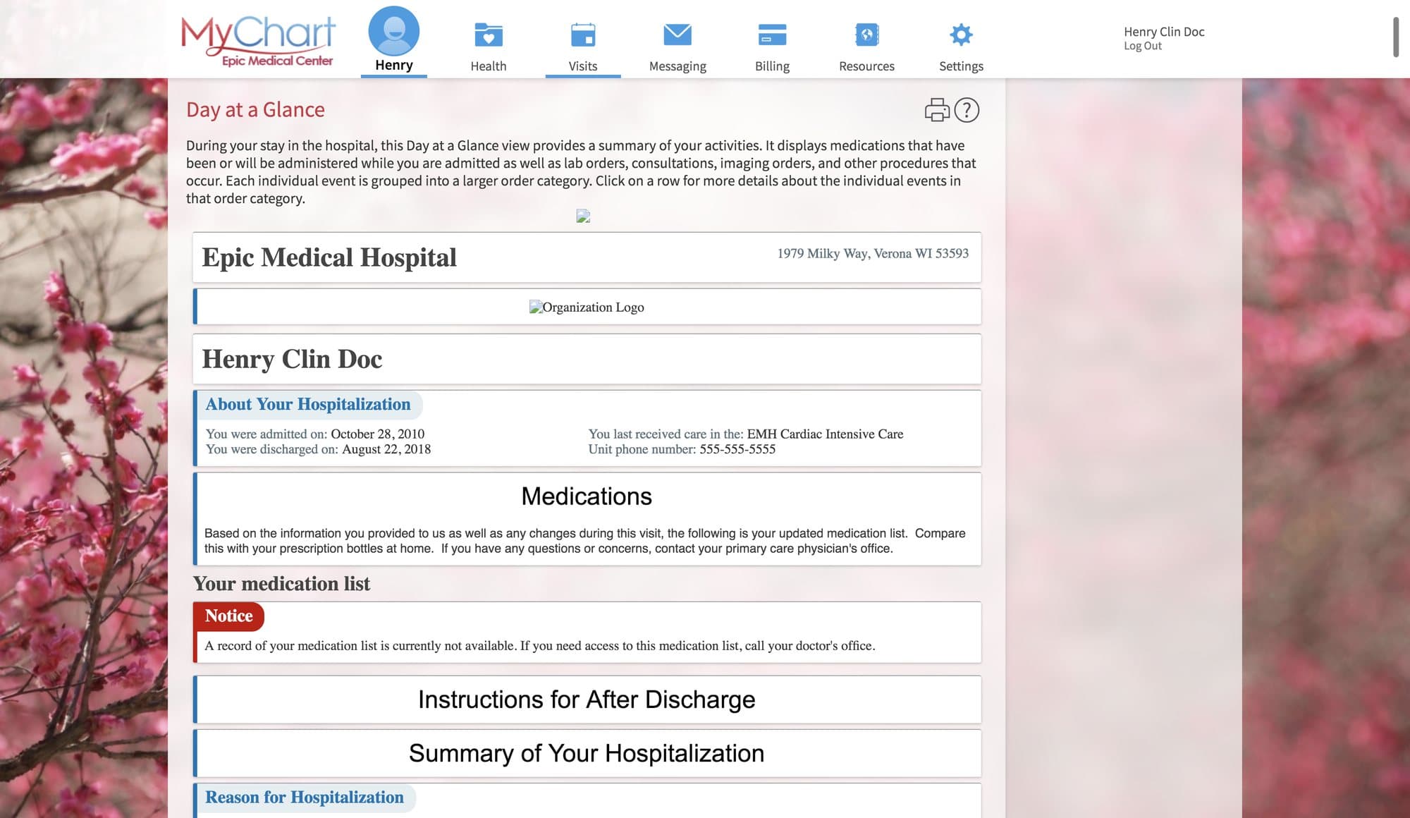 Epic MyChart demo showing a hospital visit summary with instructions and education