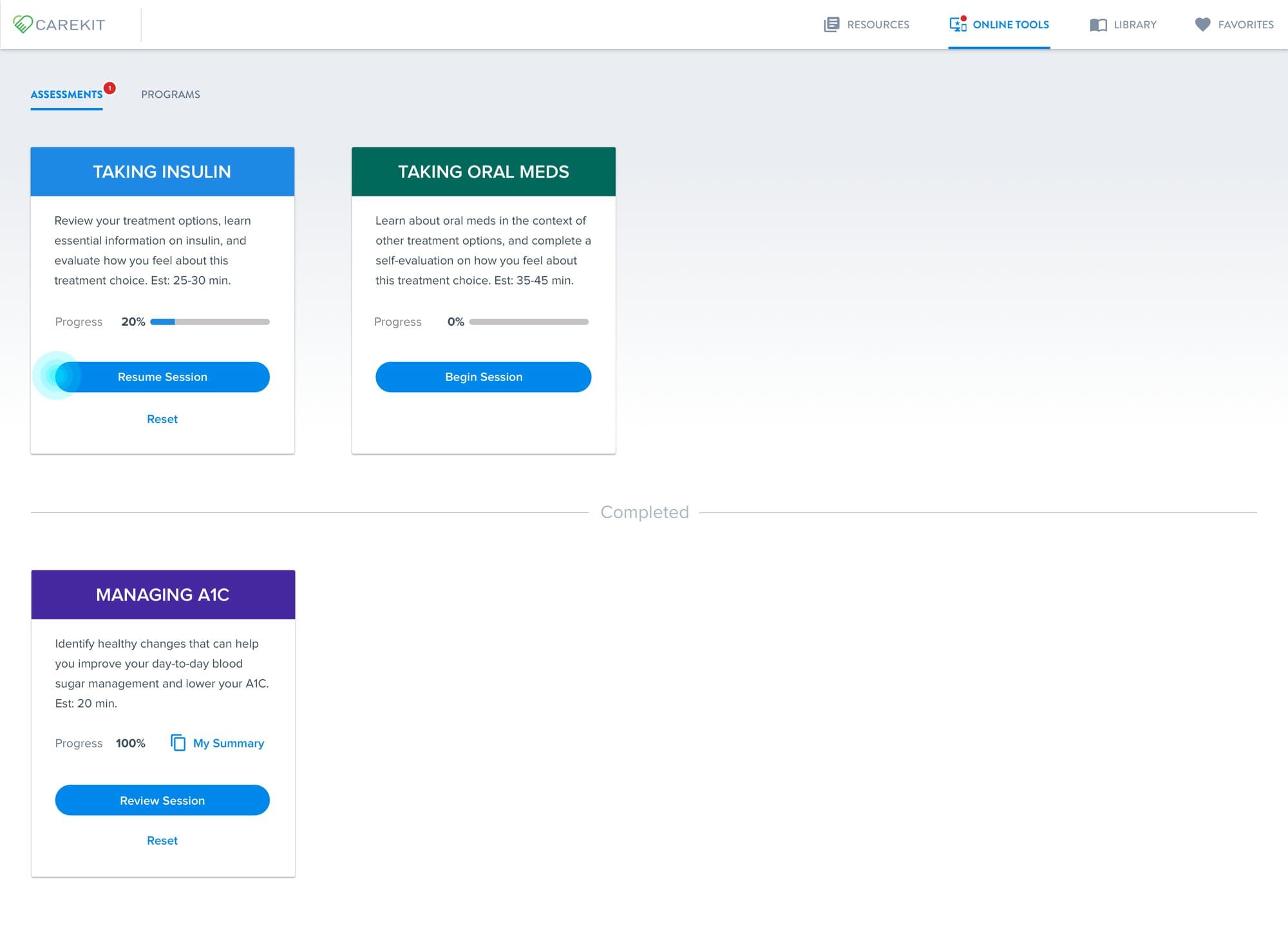 Patient portal online tools: Taking Insulin, Taking Oral Meds and Managing A1C, each with progress