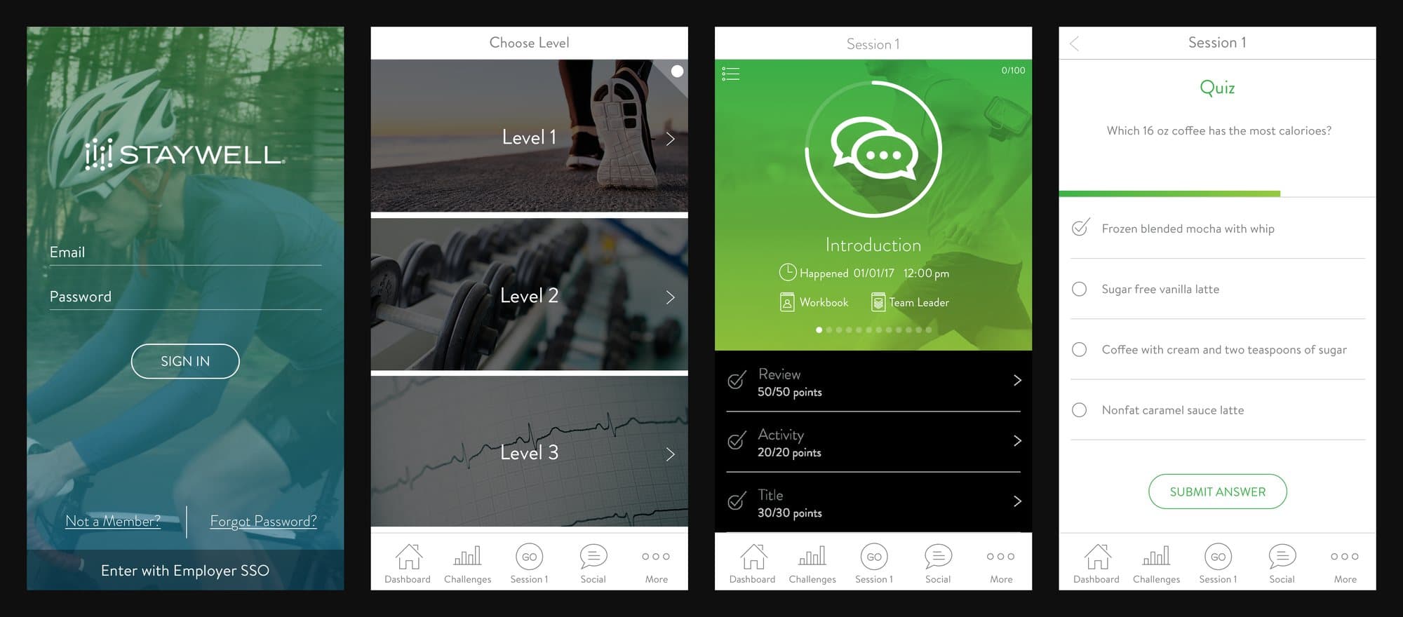 Four phone screens: sign in, choose a level, session one and its quiz