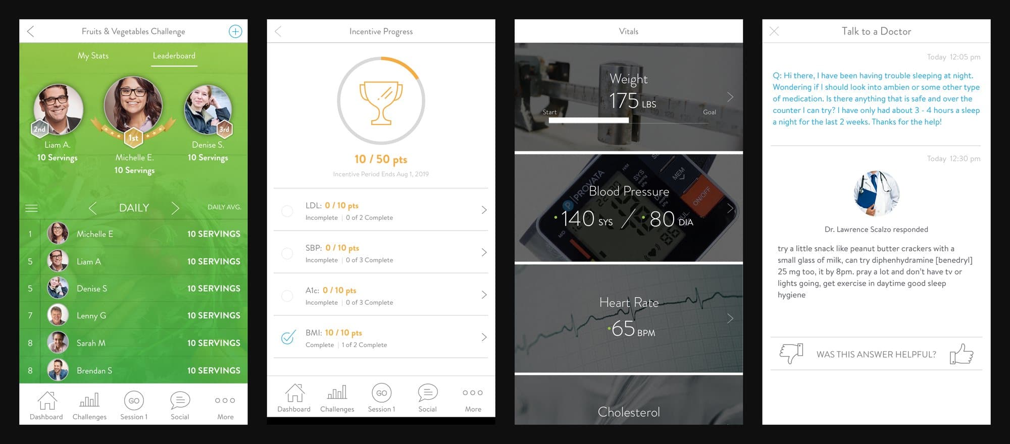 Four phone screens: a fruit and vegetable leaderboard, incentives, vitals and a doctor's reply