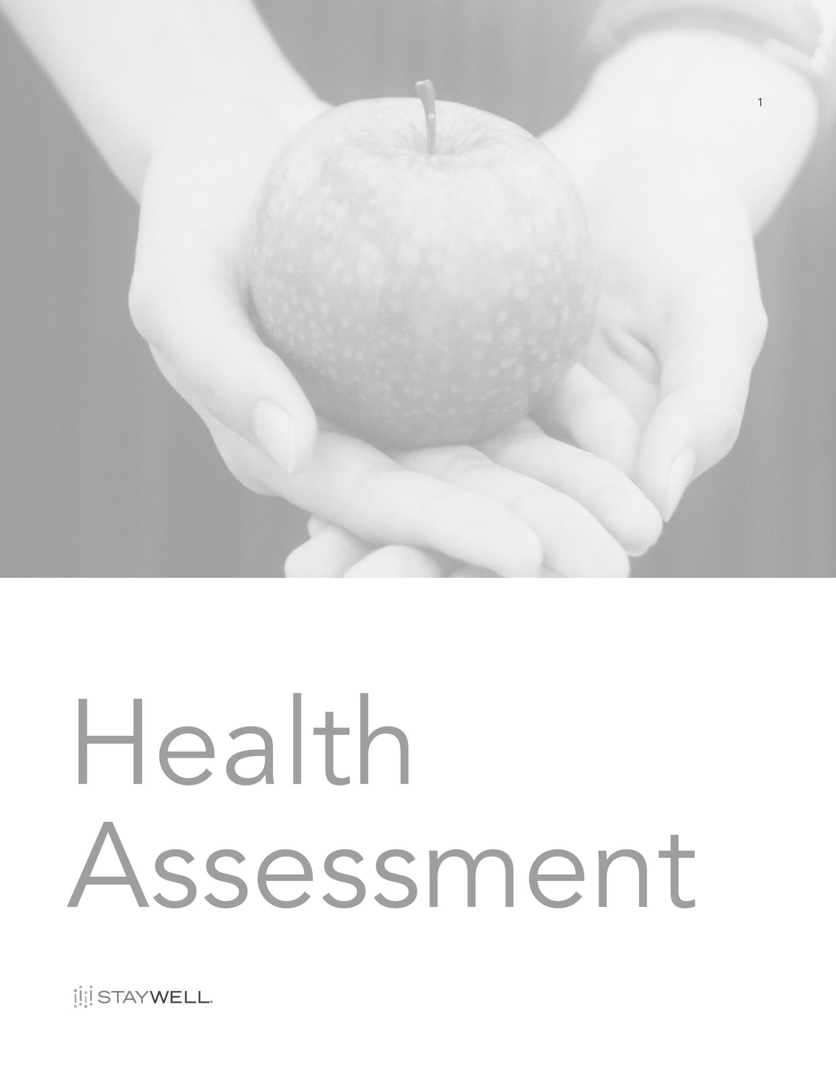 Cover of the printed health assessment with a photograph of cupped hands holding an apple