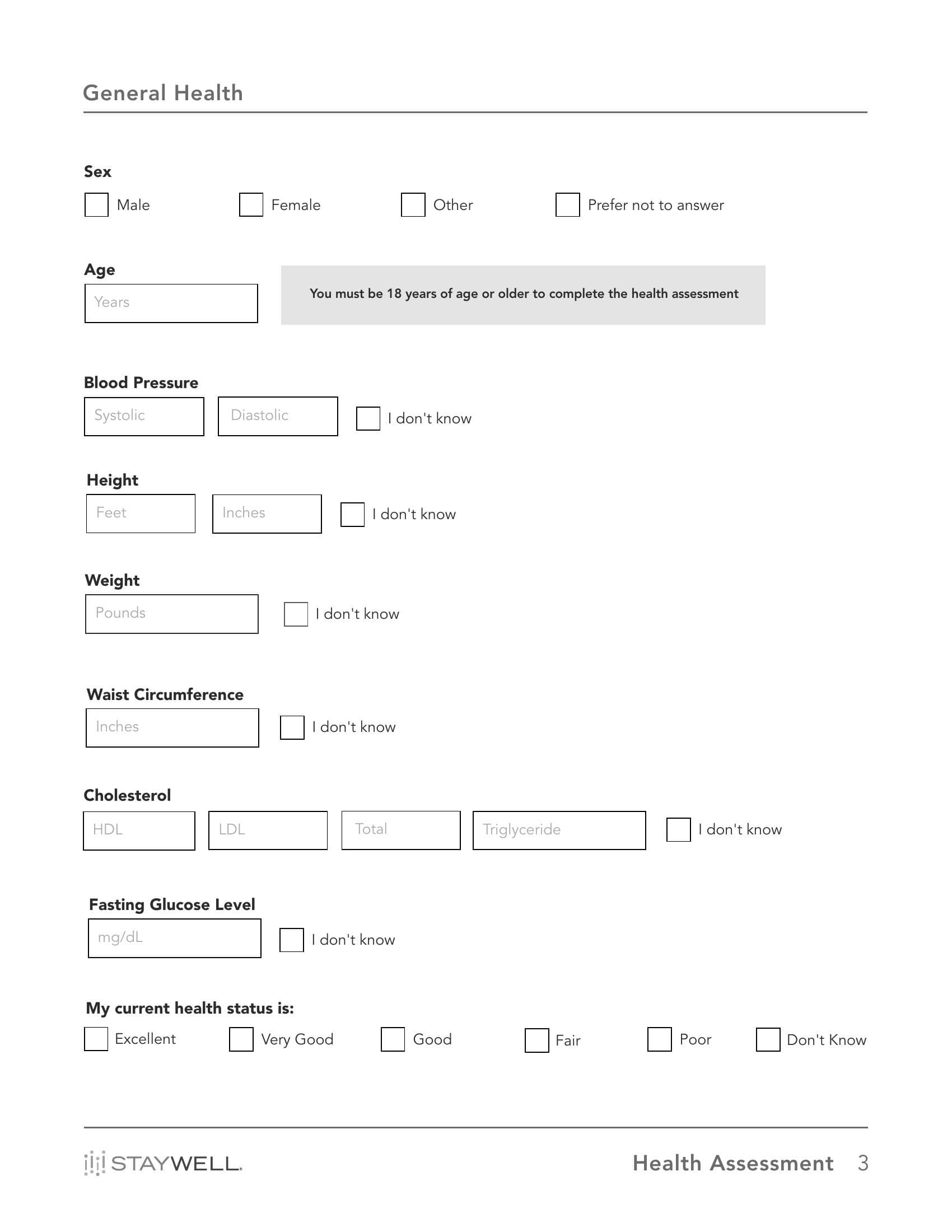 A page of the printed health assessment with checkbox questions on general health