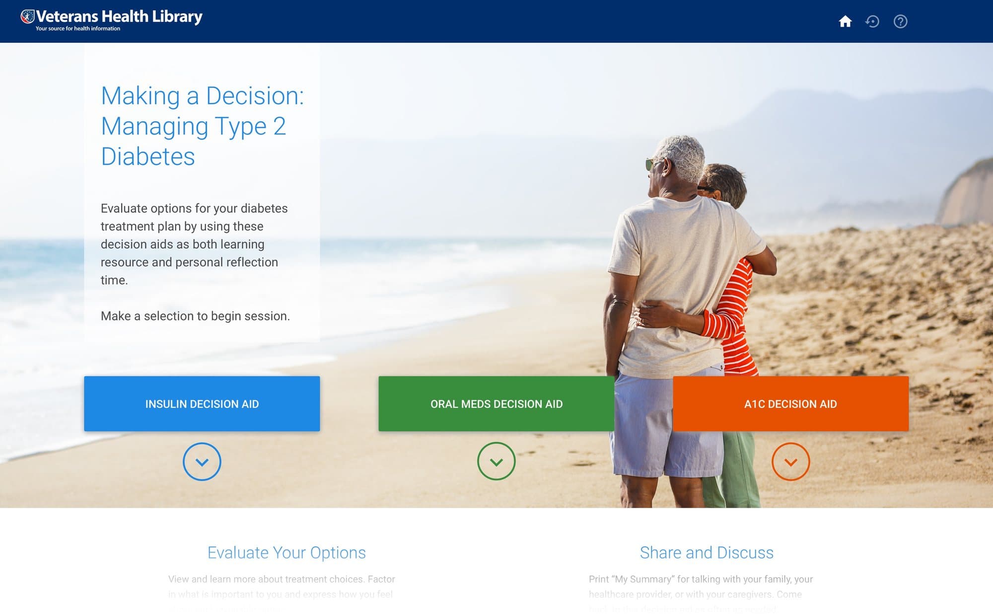 Revised landing page with buttons labeled Insulin Decision Aid, Oral Meds Decision Aid and A1C Decision Aid