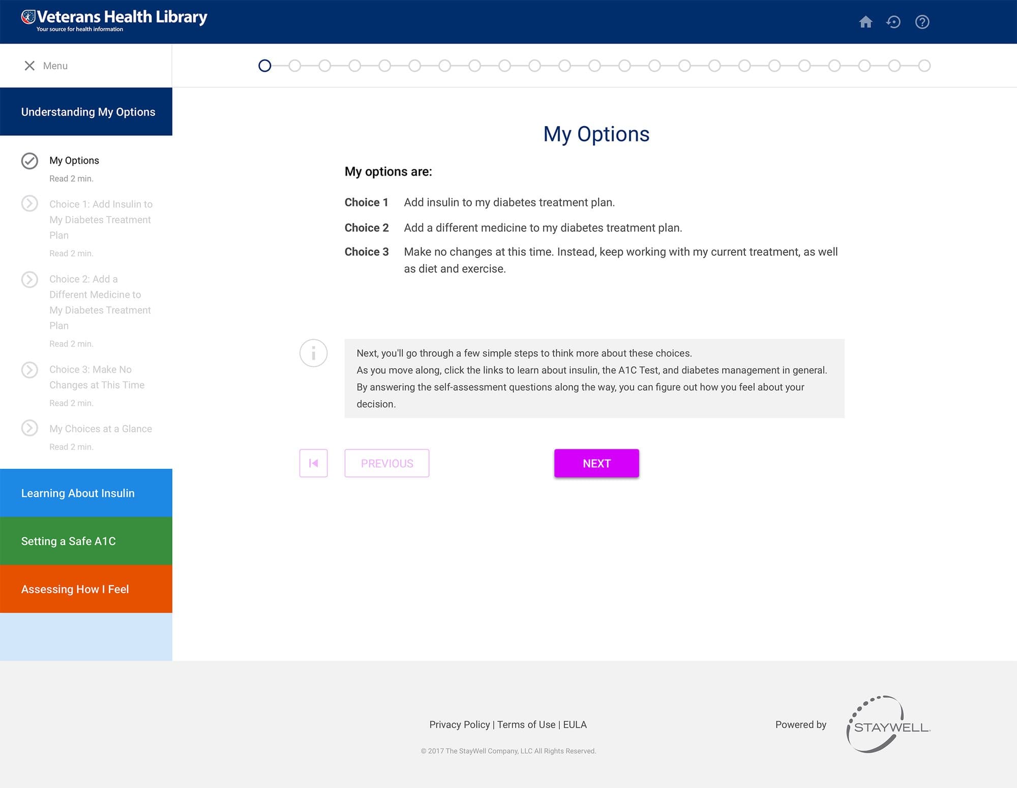 My Options screen listing three treatment choices beside a section menu