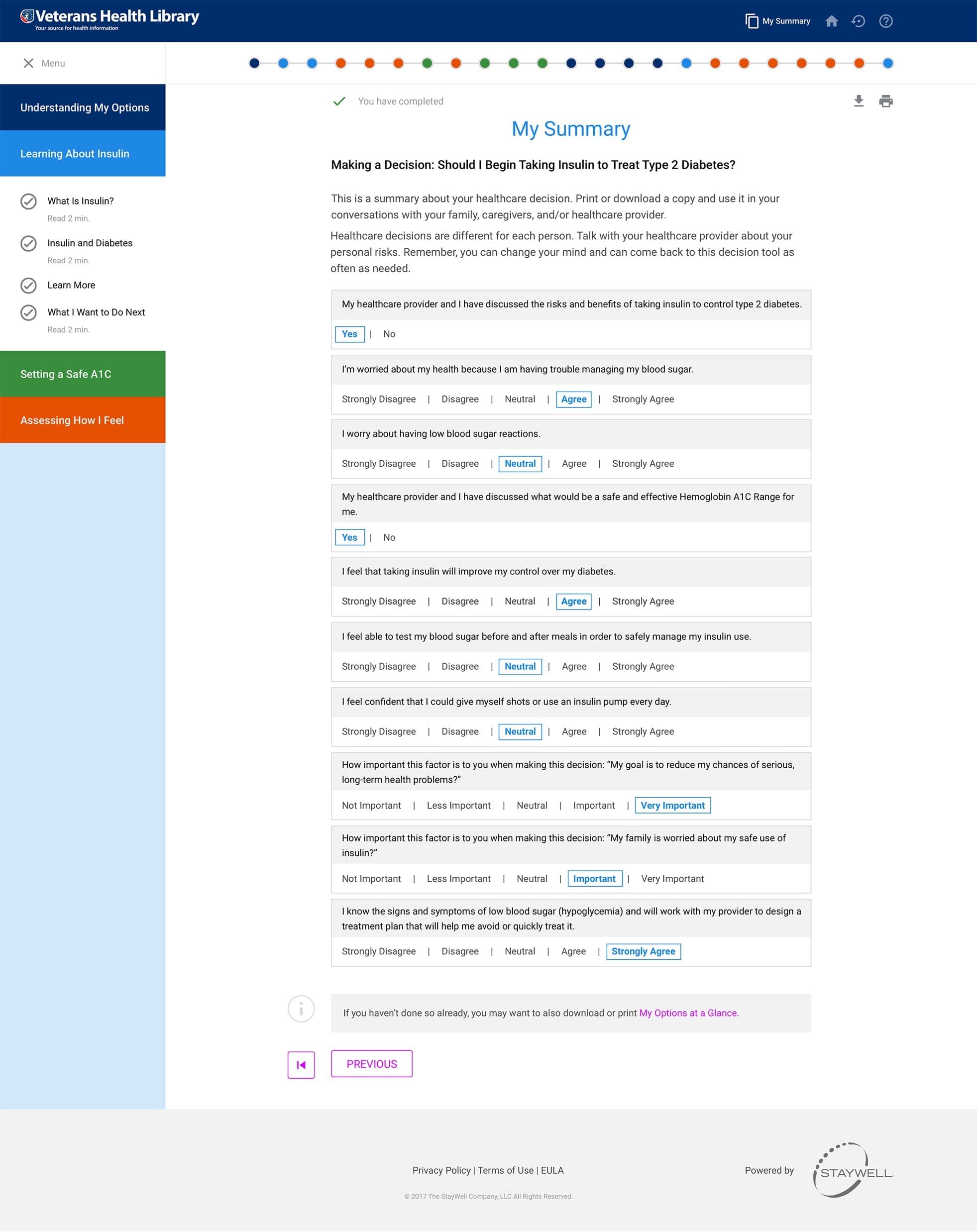 My Summary screen listing every answer given during the session