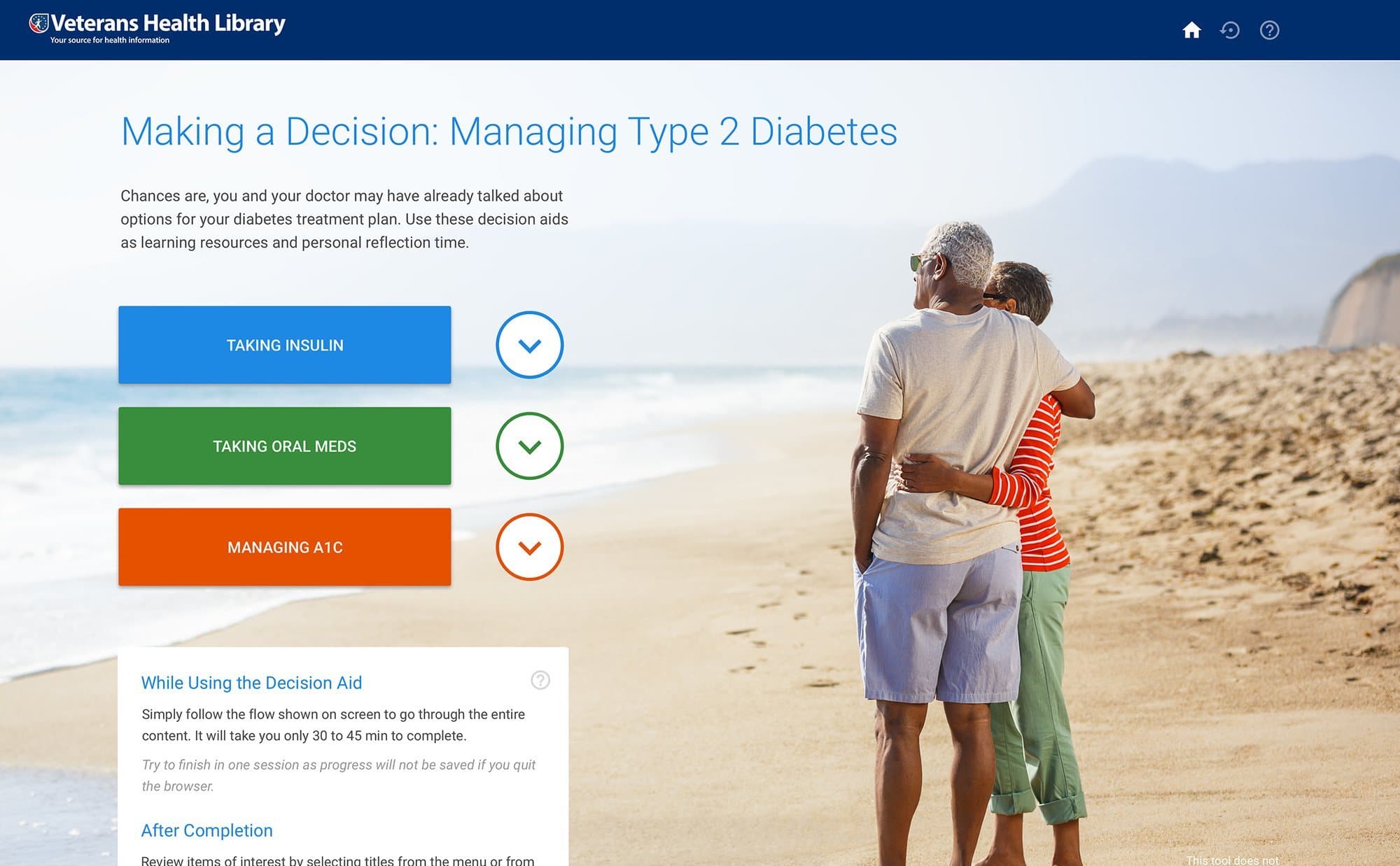 The redesigned decision aid landing page: a title, one sentence of context and three colored choices beside a photograph of a couple on a beach