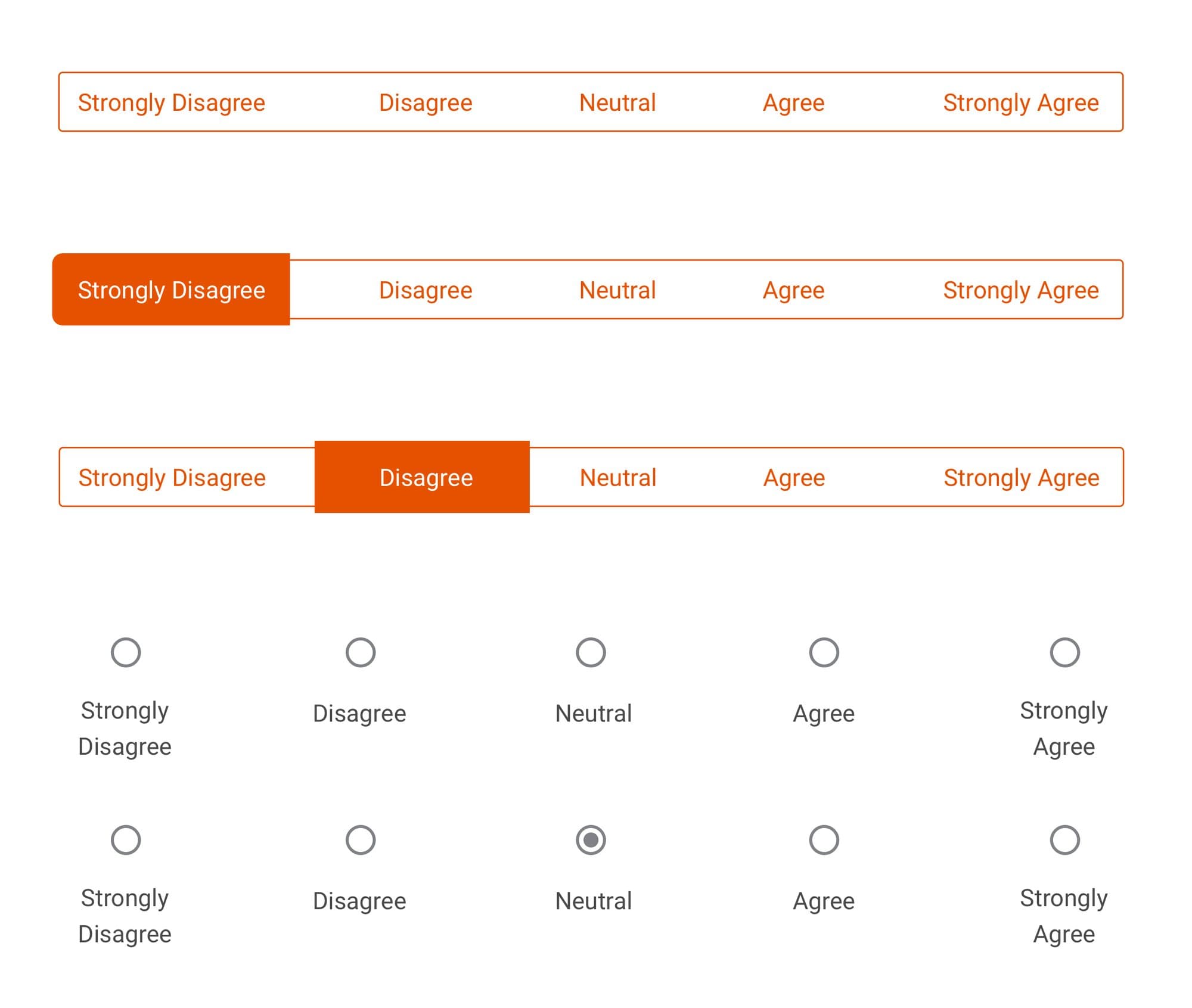 Five agree to disagree controls stacked: three states of an outlined button group, then two rows of radio buttons