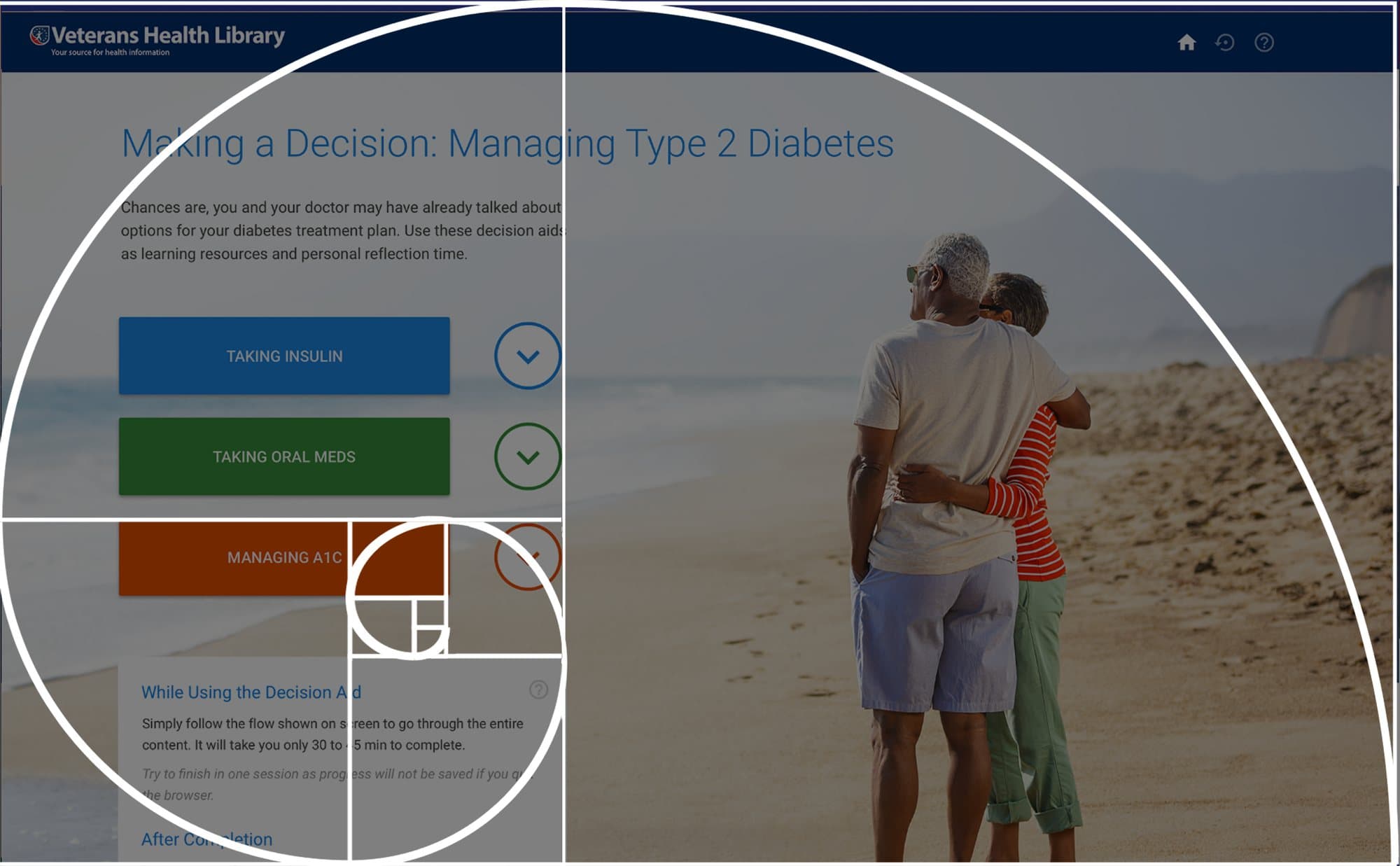 The redesigned landing page under the same golden spiral overlay