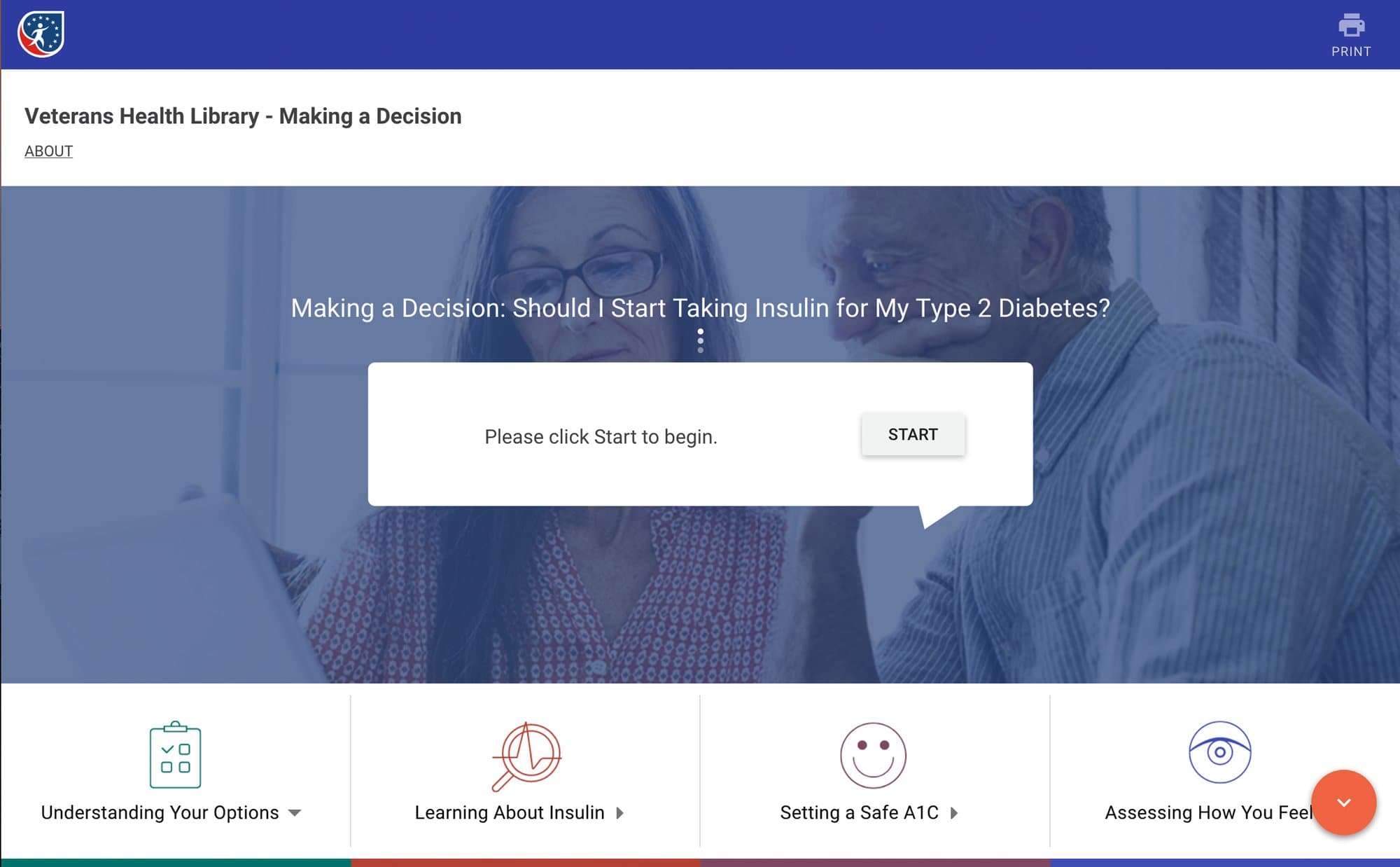 The decision aid before the redesign: a start box over a dimmed photograph and a row of identical clipboard icons