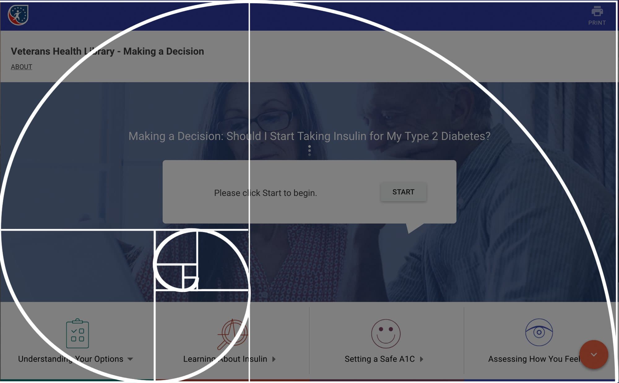 The old landing page under a golden spiral overlay